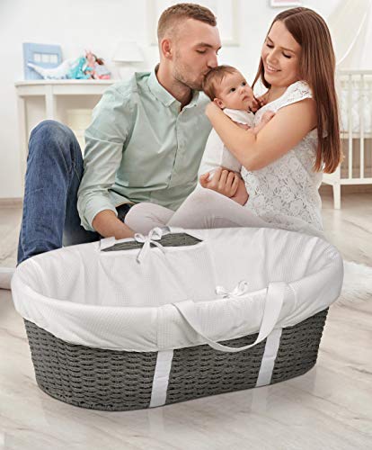 Badger Basket Wicker-Look Woven Baby Moses Basket with Bedding, Sheet, and Pad, Gray/White
