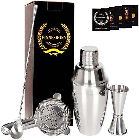Martini Coktail Shaker Bartender Accessories Set - 17 oz Stainless Steel Home Bar Mixer Kit with Double Measuring Jigger,Mixing Spoon,Strainer,Recipe Booklet - Silver