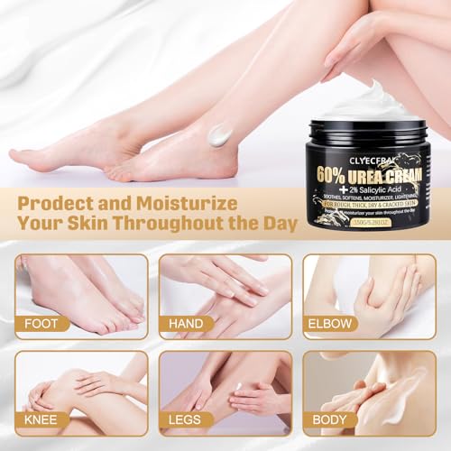 Clyecfra 60% Urea Cream with 2% Salicylic Acid, Urea Cream 60 Percent for Feet & Hands- Maximum Strength Moisturizer for Rough, Dry, Thick & Cracked Skin, Callus Remover, Deep Hydration, 150g