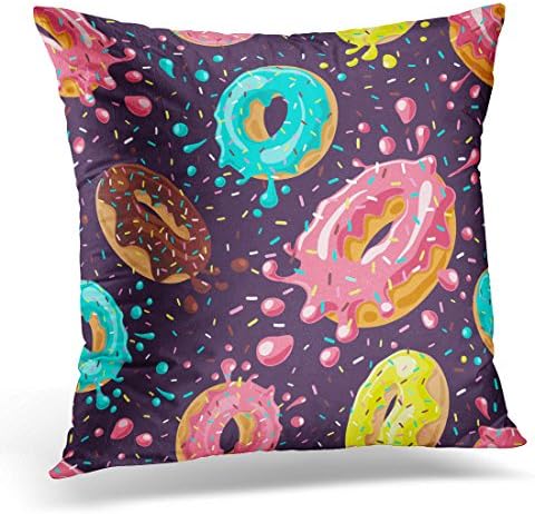 Breezat Throw Pillow Cover Donuts with Pink Chocolate Lemon Blue Mint Glaze Falling on Dark Splashes of Colored Donut's Decorative Pillow Case Home Decor Square 16x16 Inches Pillowcase