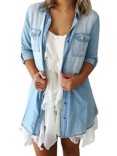 Ermonn Women s Basic Light Blue Boyfriend Denim Shirt with Long Adjustable Sleeve (XX-Large, Light Blue)