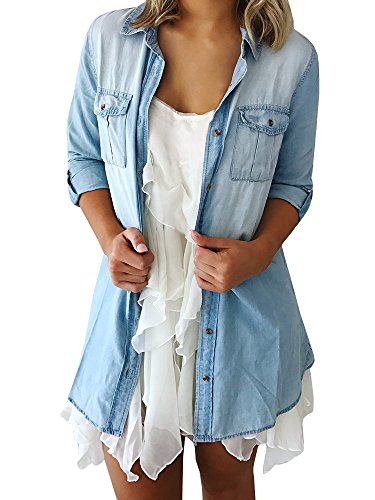 Ermonn Women's Basic Light Blue Boyfriend Denim Shirt with Long Adjustable Sleeve (XX-Large, Light Blue)