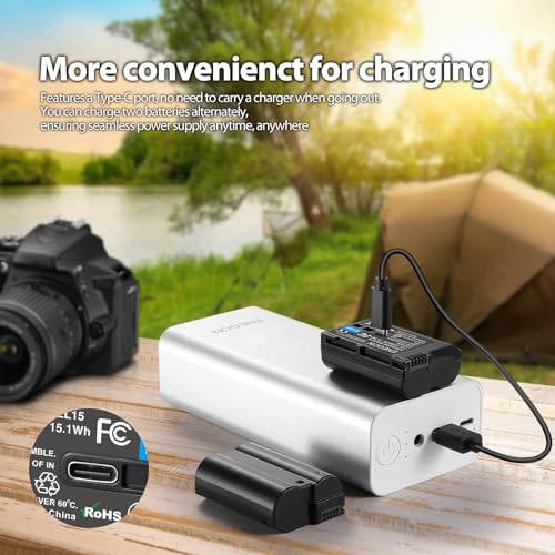 ENEGON EN-EL15 Replacement Batteries Compatible with Nikon ZF, Z5, Z5 II, Z6, Z6 II, z6III, Z7, Z7 II, Z8, D7100, D750,D7200, D610, D810,2100mAh (2-Pack), USB-C Direct Charging with 2-in-1 Cable.
