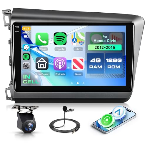 4+128G Android 15 Car Radio Stereo for Honda Civic 2012-2015with Wireless Carplay Android Auto, 9'' in-Cell Screen Head Unit with GPS/Bluetooth 5.0/FM RDS/EQ/Wi-Fi Mirror Link Backup Camera SWC
