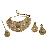 MUCH-MORE Indian Awesome Traditional Shiny Necklaces Earrings with Maang Tikka Jewelry for Women B (LCT)