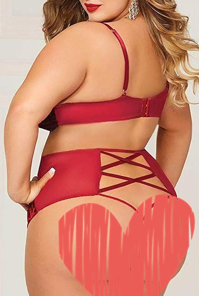 Plus Size Lingerie Set for Women, Sexy Crushed Velvet Mesh Lace Up Halter Bralette & High Waist Panty: Clothing