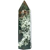 Angelstones Natural Moss Agate Gemstone Healing Crystal Hexagonal Pointed Reiki Chakra Faceted Prism Wand Carved Stone Figurine Home Decor