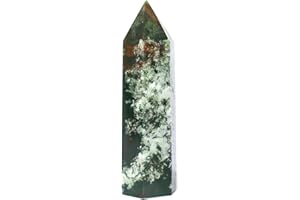 Angelstones Natural Moss Agate Gemstone Healing Crystal Hexagonal Pointed Reiki Chakra Faceted Prism Wand Carved Stone Figurine Home Decor