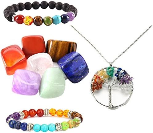 SanMeader 7 Chakras Stone Bracelet Necklace Meditation Reiki Healing Balancing Crystal Beads Jewelry Tree of Life Pendant Set