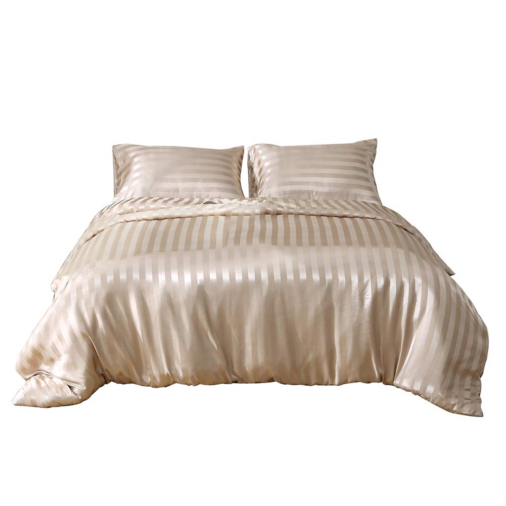 HOTNIU Striped Satin Silk Duvet Cover Set with Zipper Closure - Quality Ultra Soft Premium 2 pieces Bedding Collection Sets - 100% Microfiber Comforter Protector with SHAM (Khaki, Single)
