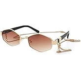 JiSoo Trendy Hexagon Sunglasses for Women - Gold Sunglasses Womens Designer, Geometric Festival Sun Glasses with Chain