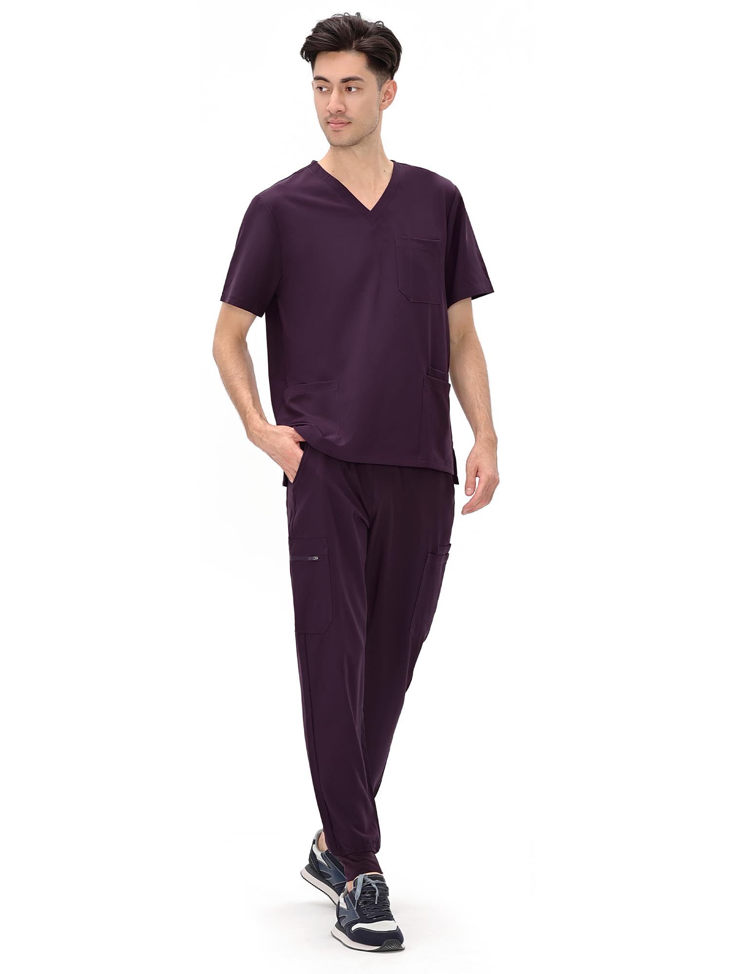 COZYFIT Scrubs for Men - 4 Pockets V-Neck Scrub Top and 7 Pockets Jogger Pants Mens Scrubs Set, Dark Purple, XL, Tall Image