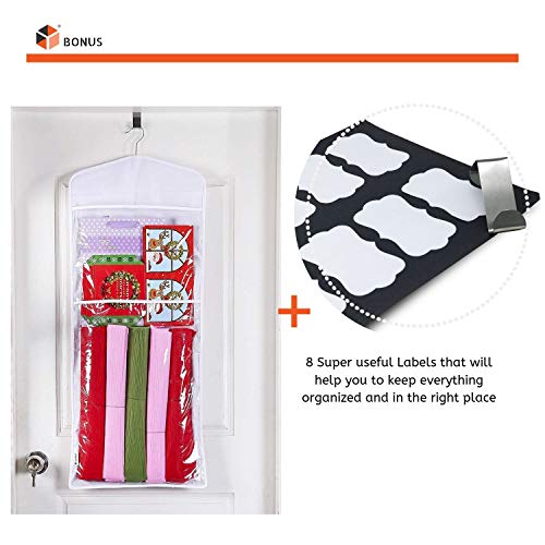 Hanging Gift Bag Organizer Double Sided with 11 Pockets for Tissue Paper, Cards and Gift Tags Includes 1 Bonus Door Hook and 8 Labels