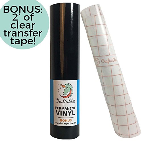 Craftables Black Vinyl Roll - Permanent, Adhesive, Glossy & Waterproof | 12" x 10' | w/Premium Clear Transfer Tape - for Crafts, Cricut, Silhouette, Expressions, Cameo, Decal, Signs, Stickers