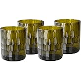 IWAS Upcycled Small Honeycomb Textured Drinking Glasses, Short, 8.45 oz / 250 ml, Set of 4 Olive Green Glasses, Handcrafted Sustainable Glassware