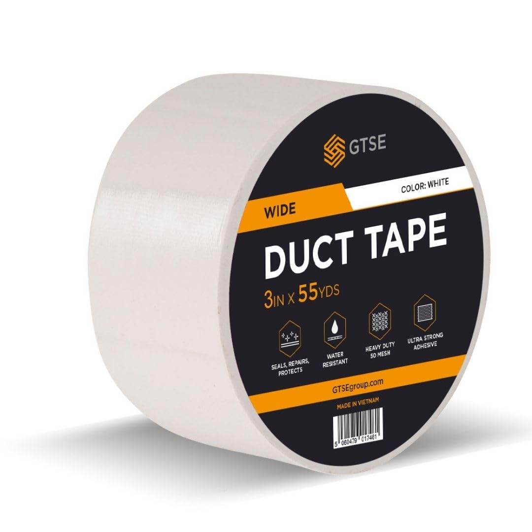 GTSE Wide White Duct Tape, 75mm x 50m, 3” Waterproof Strong Adhesive Gaffer Tape for Patching, Sealing, Securing Cables and Labelling, Heavy Duty Tape, One Roll