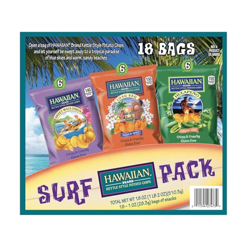 HAWAIIAN BRAND KETTLE STYLE POTATO CHIPS SURF PACK, 18 SINGLE-SERVE BAGS (1 OZ EACH) – INCLUDES SWEET MAUI ONION, LUAU BBQ, AND HULAPEÑO FLAVORS – CRISPY & CRUNCHY, GLUTEN-FREE VARIETY SNACK PACK