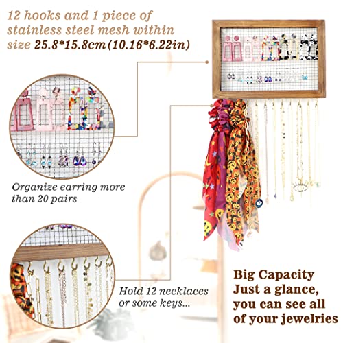 Jewelry Organizer Wall Mounted Mesh Rustic Wood Vanity Jewlerynorganizer Display Earring Storage Holder Organiser with Hooks Hanging Earing, Necklace, Bracelet and Sunglasses(Stencil)