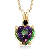 Gem Stone King 2.57 Ct Heart Shape Green Mystic Topaz Black Diamond 14K Yellow Gold Pendant