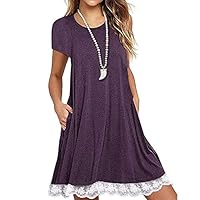 Amlaiworld Women Plus Size T Shirt Dress O Neck Casual Lace Short Sleeve Above Knee Dress Loose Party Dress Purple