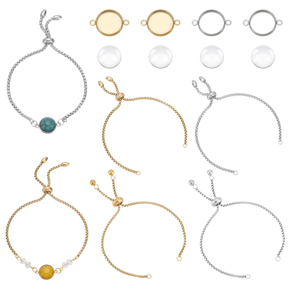 UNICRAFTALE about 4 Sets 2 Colors 22cm/24cm Stainless Steel Adjustable Slider Bracelets with Cabochon Connectors and Clear Glass Cabochons for Summer Gifts Jewelry Making