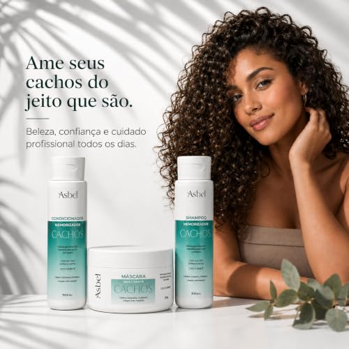 Asbel Kit Cachos Professional Shampoo, Condicionador e Máscara 300ml | Definição Prolongada, Hidratação Intensa com Aloe Vera e Óleo de Abacate, Ativador de Cachos, Antifrizz