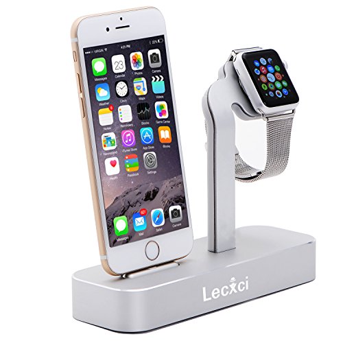 Iphone/iwatch Charger Stand, 2 in 1 Apple Charging Dock Cradle, Lecxci[aluminum Silver Charging Dock]iwatch and Iphone Charging Stand for Iwatch 38mm/42mm, Iphone 5/5s/6/6 Plus/6s/6s Plus (Silver)