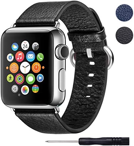 For Apple Watch Band 38mm, Premium Genuine Leather Classic Replacement Strap, Black Soft Band with Silver Adapter for iWatch Series 1 Series 2 & Sport & Edition 38mm for Men for Women