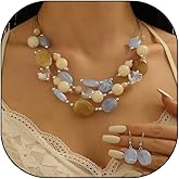 Rrdaily Boho Colorful Beaded Necklace Earring Set, Layered Stacking Choker Necklace for Women,Plastic Light Blue Dangle Drop Earrings