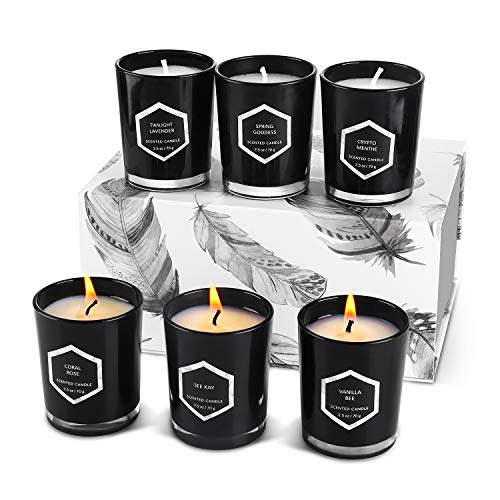 IDESION Scented Candle Gift Set, Aromatherapy Soy Candle Includes Rose, Vanilla and Lavender Fragrance 2.5Oz 10-15 Hours Burning Time/Cup for Stress Relief with Yoga Bath Sleep (6 Pack Black)
