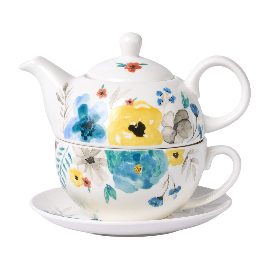 CHILDIKE Porcelain Tea for One, Hand Painted Watercolor Floral Teapot and Cup Set, Blooming Flowers