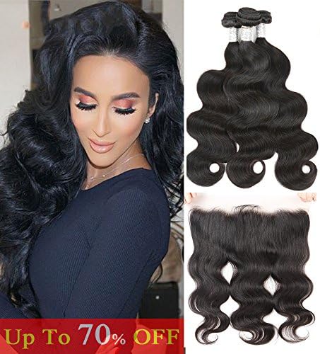 Brazilian Body Wave Hair 3 Bundles with Lace Frontal Natural Black 13x4 Ear to Ear Lace Frontal Closure with Bundles Unprocessed Virgin Hair Wiz Bir Hair (18 20 22+16 Frontal)