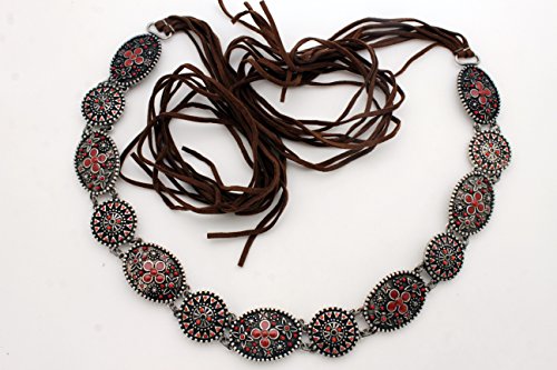 TFJ Women Fashion Brown Tie Belt Bohemian Vintage Silver Metal Charms Red Flower S M
