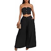 Akmipoem 2 Piece Sets for Women Summer Strapless Crop Top High Waist Wide Leg Pants Matching Outfits