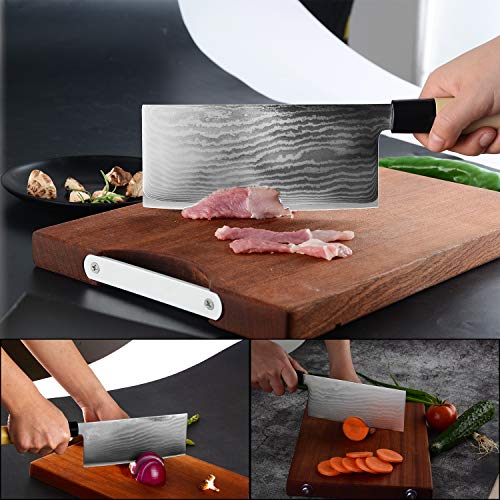 NASATER Chinese Cleaver 9CR 67 Layers Damascus Steel 7 Inch Meat Vegetable Chopper Butcher Knife with Ergonomic Wood Handle for Kitchen