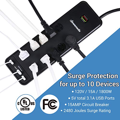 DEWENWILS 10Outlet Surge Protector Power Strip with 4 USB Ports, 15 FT
