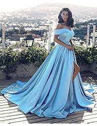 Vestido largo de noche para mujer Vestidos en línea, con hombros caídos, línea A, corte en la pierna, para baile de promoción, eventos formales