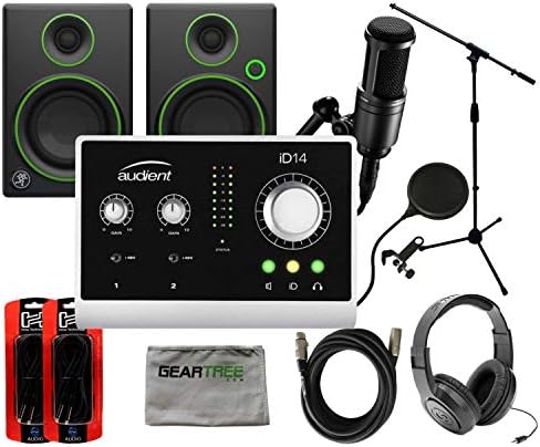 Audient iD14 USB Recording Interface w/Studio Monitors, Headphones, Mic Stand,