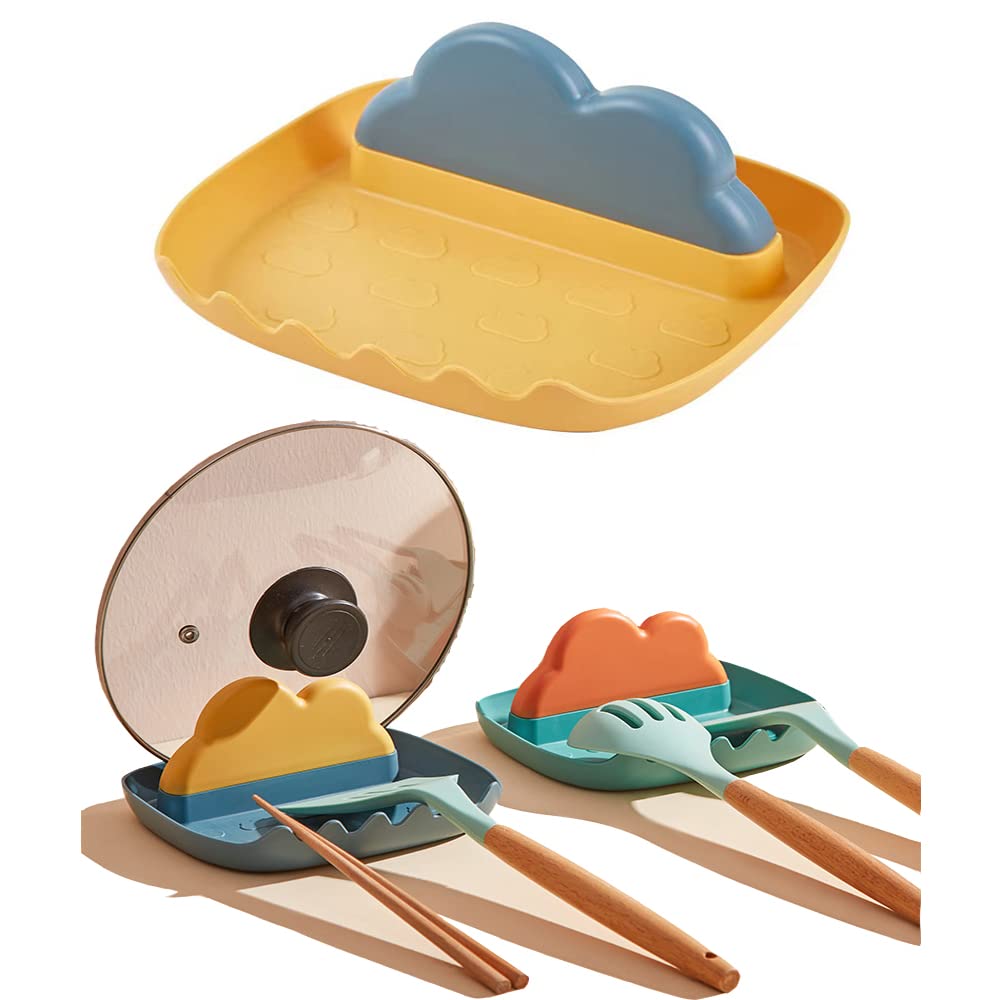 Kitchen Utensils Rest with Drip Pad, Heat-Resistant Pot Lid Holder Stand, Cooking Spoon Rest Tools, Countertop Organiser Rack for Spoon, Ladles, Tongs, Spatula, Fork, Cartoon Flatware Rest - Yellow