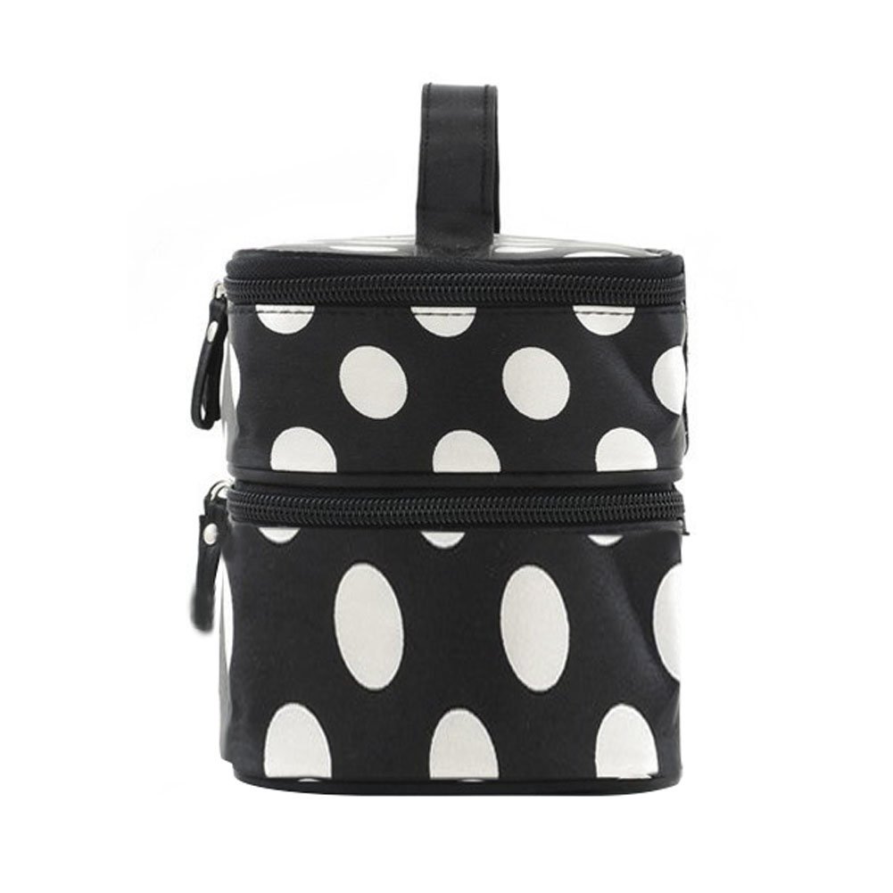 BONAMART Small Travel Makeup Bag Cosmetic Organizer Case for Women, Professional Double Layer Black Pink Dot Toiletry Train Brush Bags With Mirror for Girls Ladies (7.87x4.72x5.51 Inches) : Beauty