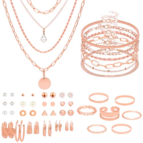NEWITIN 33 Pieces Gold Jewelry Set for Women Fashion Costume Jewelry Gold Plated Necklace Bracelet Ring Earrings Set for Women
