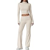 QINSEN Womens 2 Piece Lounge Sets Mock Neck Long Sleeve Tops with Side Ruched Fold Over Flare Pants Comfy Tracksuits