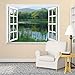 wall26 Peaceful Lake with Green Mountain and Trees Open Window Mural Wall Sticker - 24