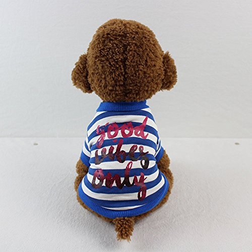 Dog T-Shirt,Alalaso Cotton Stripe Puppy Costume for Small Dog Letter Printed Good Vibes ONLY(Blue,S) - Thumbnail 3