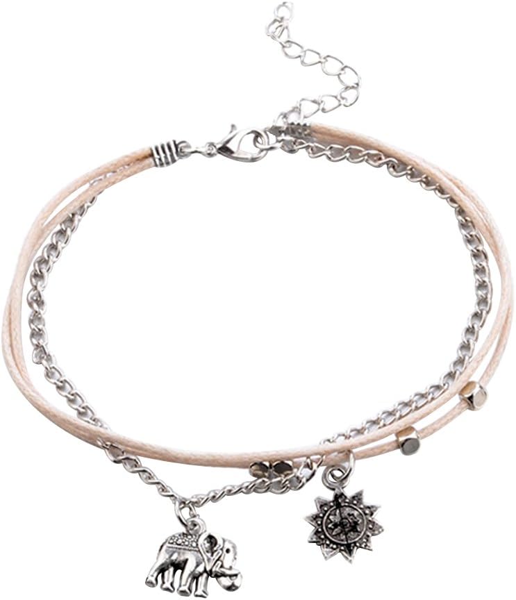 osmanthusFrag 1 Set Bohemian Beaded Elephant Sun Chain Anklet 3 Layers Jewellery