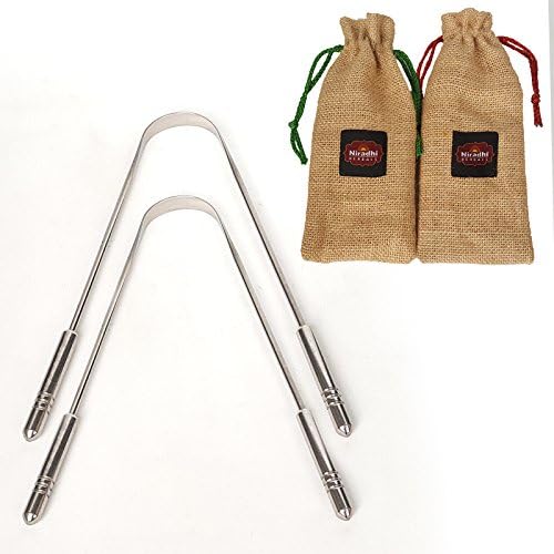 Niradhi Herbals Stainless Steel Tongue Cleaner Scrapper | Surgical Grade, Sterilizable | BONUS Breathable Travel Pouch (Pack of 2)
