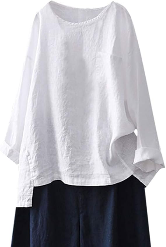 Amazon Tシャツ レディース トップス 半袖 Chic風 森ガール 無地 リネンシャツ ロング ブラウス ノルダレス 女性 ナチュラル カットソー ゆったり おしゃれ 上着 春秋冬 通学 通勤 部屋着 オフィス Tシャツ カットソー 通販