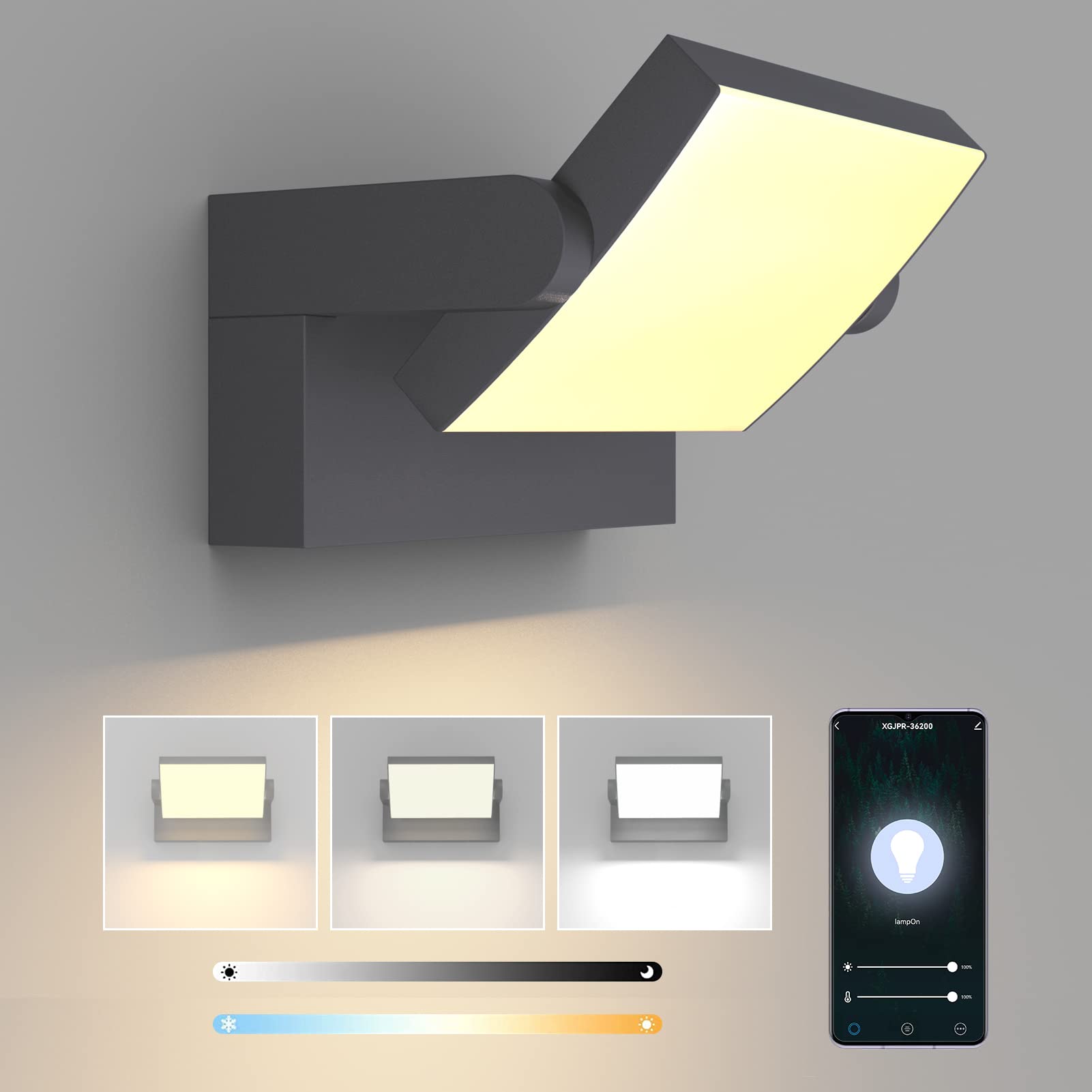 Klighten 24W Dimmable Wall Light LED Outdoor Indoor, APP Control Waterproof IP65 Adjustable Wall Lamp Aluminum, Modern Outside Light Mains Powered for Entrance Garden Terrace, Anthracite, 3000K-6000K