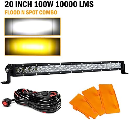 Huizen 20 Inch Slim Single Row White LED Light Bar Fog Pod Waterproof Kit - Cree Spot Flood Combo @ 100W 10,000LM - w/Toggle Switch Wiring Harness Bumper Hood Mounting Bracket - Trucks Jeep ATV