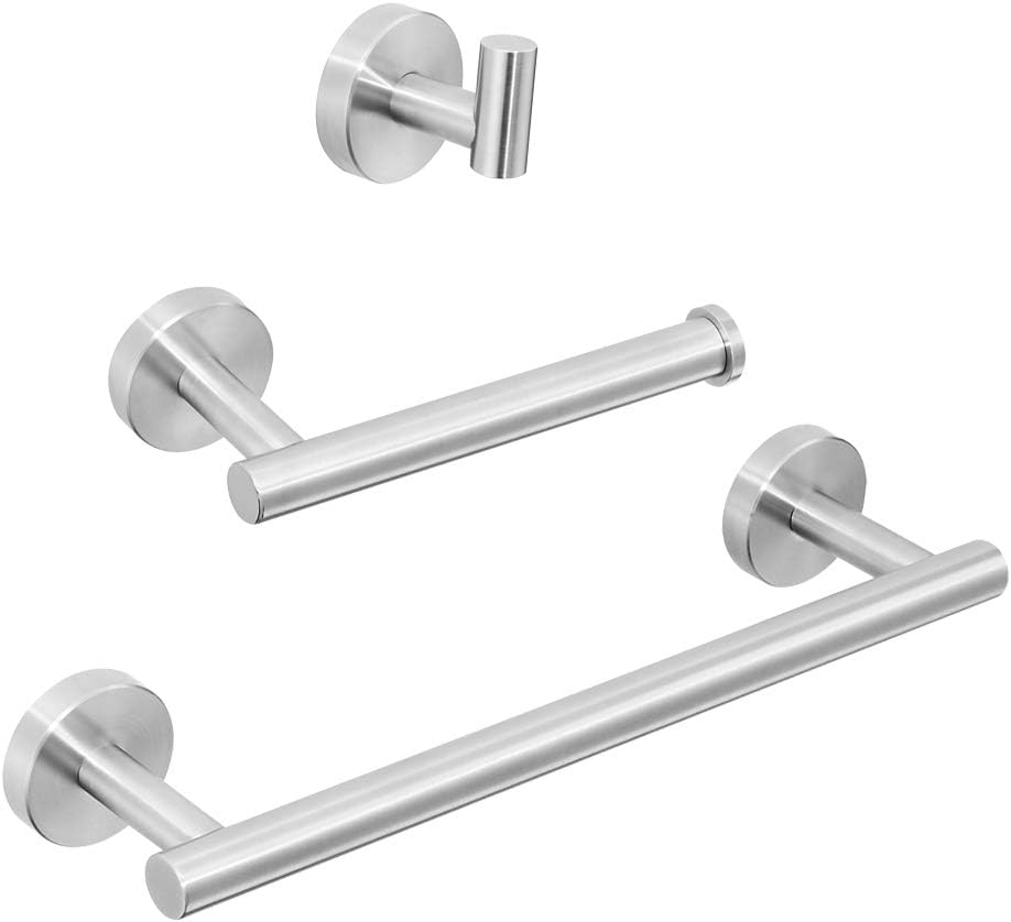WOMAO Modern Silver Bathroom Accessories Set of 3 Pieces - Towel Rack Toilet Paper Holder Coat Hook, Stainless Steel Construction Rustproof Brushed Nickel finished Wall Mounting
